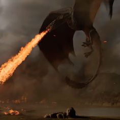 a large dragon flying through the air next to a fire