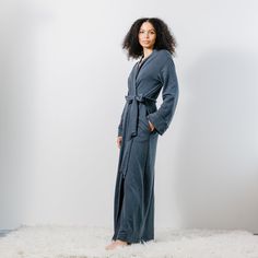 A full length stretch french terry robe with side slash pockets features inside security ties and a loop for hanging Standard length robes are cut to finish at approximately 56" long with a 22.5" sleeve from the shoulder. Petite and Tall length robes are cut to finish at approximately 53" and 59" long with 21" and 24" sleeves respectively. The finished length will vary from piece to piece with production Terry Robe, Tap Pants, Cotton Sleepwear, Cotton Gifts, Womens Robes, Organic Cotton Fabric, Merino Wool Sweater, Silk Chiffon, Black Charcoal