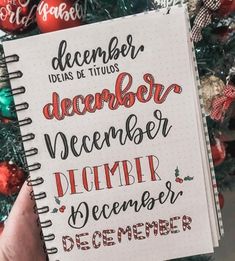 someone holding up a notebook with the words december written on it