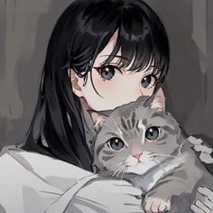 a woman holding a cat in her arms with an anime character on the back ground