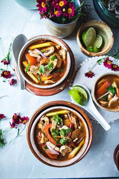 Tom yum soup in two bowls on the table. Easy Tom Yum Soup, Tom Yum Gai, Soup Recipe With Chicken, Thai Beef Salad Recipe, Thai Tom Yum Soup, Tom Yum Soup Recipe, Easy Thai Recipes, Make Chicken Broth, Thai Chicken Soup