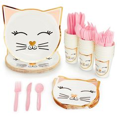 PRICES MAY VARY. Serves 24 Guests: This disposable kitten birthday party decorations tableware set comes with 24 each of white cat paper plates, party cups, dinner napkins, plastic knives, spoons, and forks; 144 total pieces Cat Birthday Party Supplies: These cat party decorations paper plates, napkins, and paper cups feature an adorable cat head with gold foil detailing; ideal for creating a celebratory atmosphere for an upcoming cat-themed party Quick and Easy Clean-Up: This kitten disposable Cat Party Decorations, Small Birthday Parties, Plastic Party Plates, Birthday Party Set, Cat Birthday Party