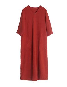 Womens V-neck Loose Linen Dress Red — Obiono Oversized V-neck Solid Color Dress, Oversized Solid Color V-neck Dress, Spring Linen V-neck Dress In Solid Color, Spring V-neck Linen Dress In Solid Color, Red Linen Short Sleeve Dress, Red Linen Dress With Short Sleeves, Red Linen Short Sleeve Dress For Summer, Red Short Sleeve Linen Dress For Summer, Red Relaxed Fit V-neck Dress