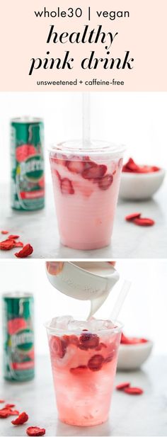 two cups filled with pink drink and strawberries on top of each other, next to a