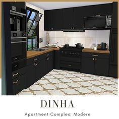 an image of a kitchen with black cabinets and tile flooring that says dinha apartment complex modern