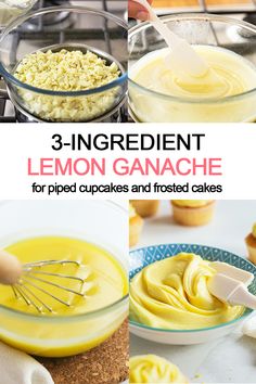 steps of preparing lemon ganache Lemon Cupcake Frosting, Lemon Cupcake Ideas, Lemon White Chocolate Ganache, Lemon Ganache Filling, Lemon Cake Filling Recipe, Lemon Icing For Cake, White Ganache Frosting, Lemon Ganache Recipe, Lemon Filling For Cake