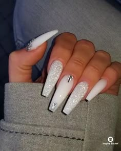 Fancy Rhinestone Nails, White Sparkly Coffin Acrylics, Coiffing Nails, Simple Birthday Acrylic Nails Coffin, White Nails With Bling Rhinestones, Club Nails Acrylic, September Birthday Nails Acrylic, Nails Inspiration Nail Art, Nail Designs With Diamonds Rhinestones