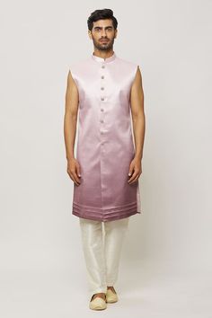 Onion pink open sherwani jacket with all over hand embroidery. Paired with a sleeveless kurta and cream aligadi pant. - Aza Fashions Open Sherwani, Sherwani Jacket, Pink Sherwani, Onion Pink, Sleeveless Kurta, Work Jacket, Embroidered Neckline, Self Design, Work Jackets