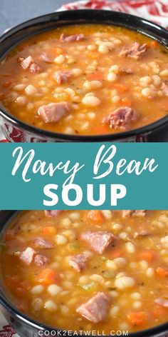 two bowls filled with ham and bean soup