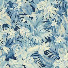 a blue and white floral wallpaper with leaves