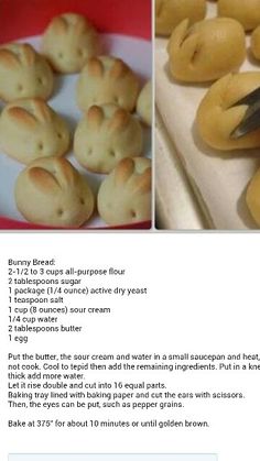 the recipe for bunny bread is shown in three different pictures, including buns and flowers