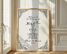 a framed poster with the words welcome to the wedding of claire and lucas on it