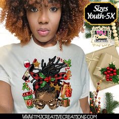 MESSY BUN CHRISTMAS T-Shirt Christmas T-Shirts Holiday Messy Bun T-Shirt Holiday Shirt African American Christmas Shirt Dread Loc UNISEX SHIRTS ARE FOR BOTH MEN AND WOMEN THEREFORE THEY RUN BIG FOR WOMEN Material: All White Shirts are 100% Polyester Cotton Feel Sublimated Print Color Shirts are Cotton and Screen Print Shirt Material: Cotton/Polyester Sizes are Unisex: Please check size chart on listing ------How to order------ 1.Select the size and color then add personalization if needed 2. Add Class Party Favors, African American Christmas, American Christmas, Christmas T Shirts, Screen Printing Shirts, Love Christmas, Holiday Shirt, Christmas T Shirt, Women Shirt