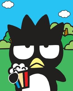 a cartoon penguin holding a popcorn box in his hand and looking at the camera with an angry expression