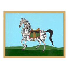 a painting of a zebra with a saddle on it's back, in front of a blue sky