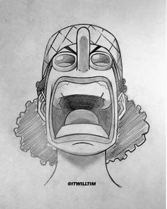 a drawing of a mask with its mouth open and eyes wide open in front of it