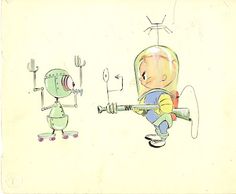 a drawing of two cartoon characters one is holding a baseball bat and the other is looking at something