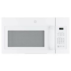 a white microwave oven with an electronic clock on the front and side panel showing time