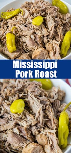 two plates filled with pulled pork roast and green peppers on top, next to each other