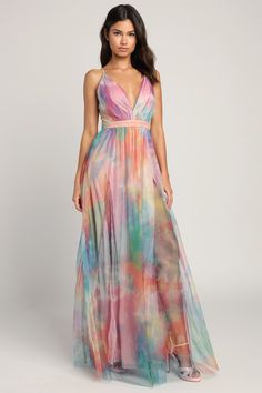 Black Tie Wedding Guest Dress, Black Tie Wedding Guests, Backless Maxi Dress, Elegant Moments, Unique Prom Dresses, Formal Dresses Gowns, Tie Dye Maxi Dresses, Tie Dye Maxi, Rainbow Dress