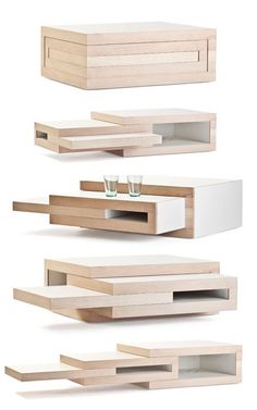 three wooden shelves with glass holders on each shelf, one is white and the other has light wood