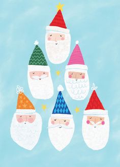 a group of santas with hats and stars on their heads