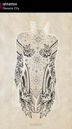 a drawing of a woman's torso with flowers on the side and an intricate design