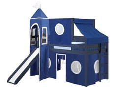 a blue and white castle bed with slide on it's side, in front of a white background