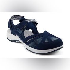 Heel Height - 1.25" Leather Upper, Manmade Outsole Breathable Insole With Arch Support, Flexible Rubber Outsole For Added Traction And Flexibility Round-Toe Strappy Sandals With Stay-Put Closures At Straps Suede, Textile And Manmade, Leather Upper, Manmade Sole Spot Clean Imported 403 Comfortable Sport Sandals For Walking, Casual Blue Slip-on Sandals, Closed Toe Blue Sandals With Arch Support, Blue Comfortable Sport Sandals With Arch Support, Comfortable Blue Sport Sandals With Arch Support, Blue Sandals With Removable Insole, Blue Flat Sandals With Arch Support, Blue Sporty Sandals With Arch Support, Sporty Blue Sandals With Arch Support