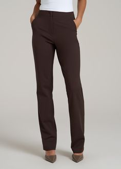 About Our Slacks for Tall Women The search for extra-long women's dress pants is over. Whether you're meeting clients to close a deal or walking into a big job interview, you need an outfit that's going to make you look good and feel confident. Finding options when you're vertically blessed can be tough, which is why we designed this pair of slacks for tall women between 5'9” and 6'6”. They have an extra-long inseam with a turn-up hem, a slim straight fit that will flatter your long legs and a h