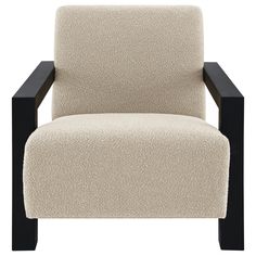 a beige chair with black legs on a white background