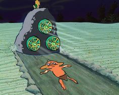 an animated image of a person falling from a large rock in the snow with wheels on it