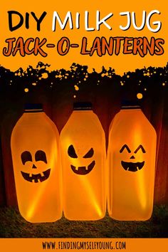 three plastic jugs with jack - o'lantern faces on them and the words diy milk jug jack - o'lanterns