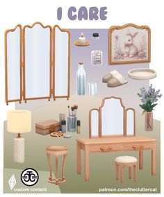 an image of a room with furniture and decor on it's walls, including a mirror