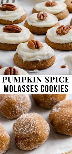 pumpkin spice molassses cookies with white frosting and pecans