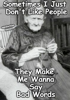 an old woman knitting with the caption sometimes i just don't like people they make me wanna say bad words