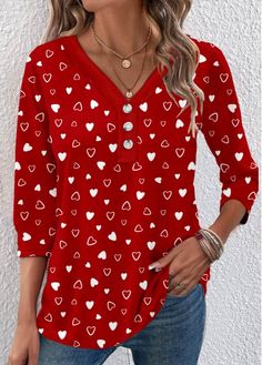 Color:Red;Size:S;Size:M;Size:L;Size:XL;Size:XXL;Package Contents:1 X T Shirt;Occasion:Other;Style:Bohemian; Button Heart, Boutique Style Outfits, Trendy Tops For Women, Heart Top, Lovely Tops, Red T Shirt, Red Button, Red T, Red Tshirt