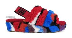 UGG Fluff Yeah Slide Cali Collage Women's Slippers   Color: Red Women's Size: 8 US / 6 UK / 39 EU Style Number: 1118164   New in Box! 100% Authentic UGG Australia Retail Price: $110.00 Description: Fully lined in sheepskin fur (insole and lining). Upper outer is faux fur. Stretch UGG logo heel strap  1.5in. molded EVA rubber sole for indoor and outdoor use  100% authentic UGG Australia with hologram security tag in left shoe.  Size tag inside right shoe may be marked in red pen to prevent in-sto Fluff Yeah Slide, Ugg Fluff Yeah, Ugg Store, Red Fur, Statement Shoe, Sheepskin Boots, Fur Slippers, Unique Nature, Girly Shoes