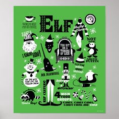 a green mouse pad with black and white images on it, including the words elf