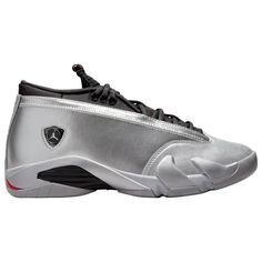 Fiery look, Legendary status! Inspired by a famous red lipstick shade, the Jordan AJ Retro 14 Low gives you unmatched on-court style. The bold and fierce spin on the iconic sneakers that MJ wore during his 6th Championship season takes your style game to a new dimension. The premium matte leather with glossy lining lets you shine, while the metallic platinum lace aglets add a classy touch. Sporting a versatile color scheme, the nubuck upper is all blacked-out, while a bright Gym Red color adorns Sporty Silver Basketball Shoes For Streetwear, Sporty Silver Low-top Basketball Shoes, Silver Low-top Sporty Basketball Shoes, Silver Casual High-top Sneakers With Boost Midsole, Casual Silver High-top Sneakers With Boost Midsole, Casual Silver High-top Sneakers With Comfort Midsole, Casual Silver Low-top Basketball Shoes, Casual Silver Basketball Shoes For Streetwear, Sporty Silver Sneakers With Branded Heel Counter