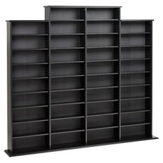 two black bookcases with shelves on each side and one empty shelf in the middle