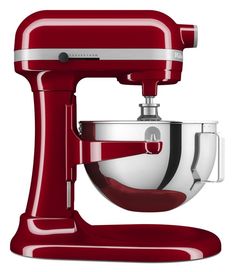 a red stand mixer on a white background