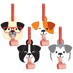 four dogs wearing sunglasses hanging from red plastic hooks on a white wall, with one dog sticking its tongue out