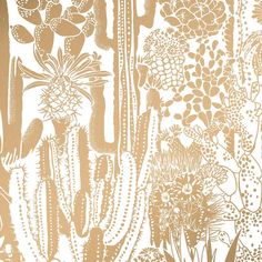 an image of a wallpaper with cactus and succulents in gold on white