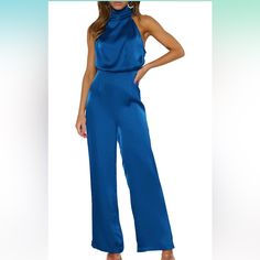 Prettygarden Women's Satin Jumpsuits 2024 Summer One Piece Outfits Mock Neck Sleeveless Wide Leg Pants Rompers- Worn Once To A Party For A Few Hours. Brand New Blue Strapless Jumpsuit For Night Out In Spring, Blue Strapless Jumpsuit For Spring Night Out, Elegant Blue Strapless Jumpsuit, Elegant Blue Sleeveless Jumpsuits And Rompers, Sleeveless Blue Jumpsuit For Night Out, Summer One Piece, One Piece Outfits, Satin Jumpsuit, One Piece Outfit