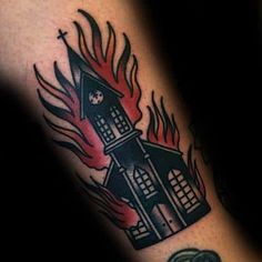 a black and red tattoo with a house on fire