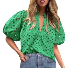 *Color: Green *Fabric Type100% Cotton * Size Warm Tips: S=Us 4-6, M=Us 8-10, L=Us 12-14, Xl=Us 16-18, Xxl=Us 20. Womens Dressy Lace Tops / Sexy Summer Tops For Women / Puff Short Sleeve / Buttons Ruffle V Neck / Deco Buttons / Hollow Out Eyelet / Embroidery Lace / Sheer Blouse With Lining / Lantern Short Sleeve / Ladies Tops Blouses / Fashion Patchwork Blouses / Summer Outfits For Women. * Comfortable & Breathable Cotton: Cute Summer Tops For Women Are Made Of Premium Cotton Fabric. Comfy And Br Sheer Tops, Eyelet Blouse, Elegante Casual, Ladies Tops, Boho Shirts, Shirt Embroidery, Womens Tops Summer, Summer Blouses, Lantern Sleeve