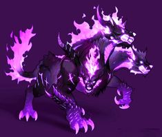 a purple and black animal with flames on it's back legs, standing in front of a purple background