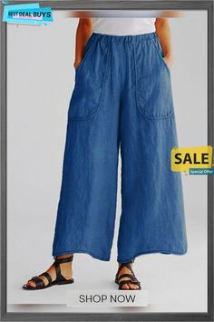 Solid Color Cotton Linen Pocket Wide Leg Pants Baggy Solid Color Pants For Spring, Spring Baggy Solid Color Pants, Spring Solid Color Baggy Pants, Solid Color Summer Bottoms With Pockets, Non-stretch Summer Wide Leg Pants With Side Pockets, Non-stretch Blue Capris With Pockets, Summer Wide-leg Bottoms With Side Pockets, Non-stretch High Waist Pants With Pockets, Wide Leg Bottoms With Side Pockets For Summer