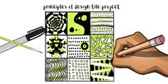 a person's hand holding a pencil and drawing designs on paper with the words principals of design the project